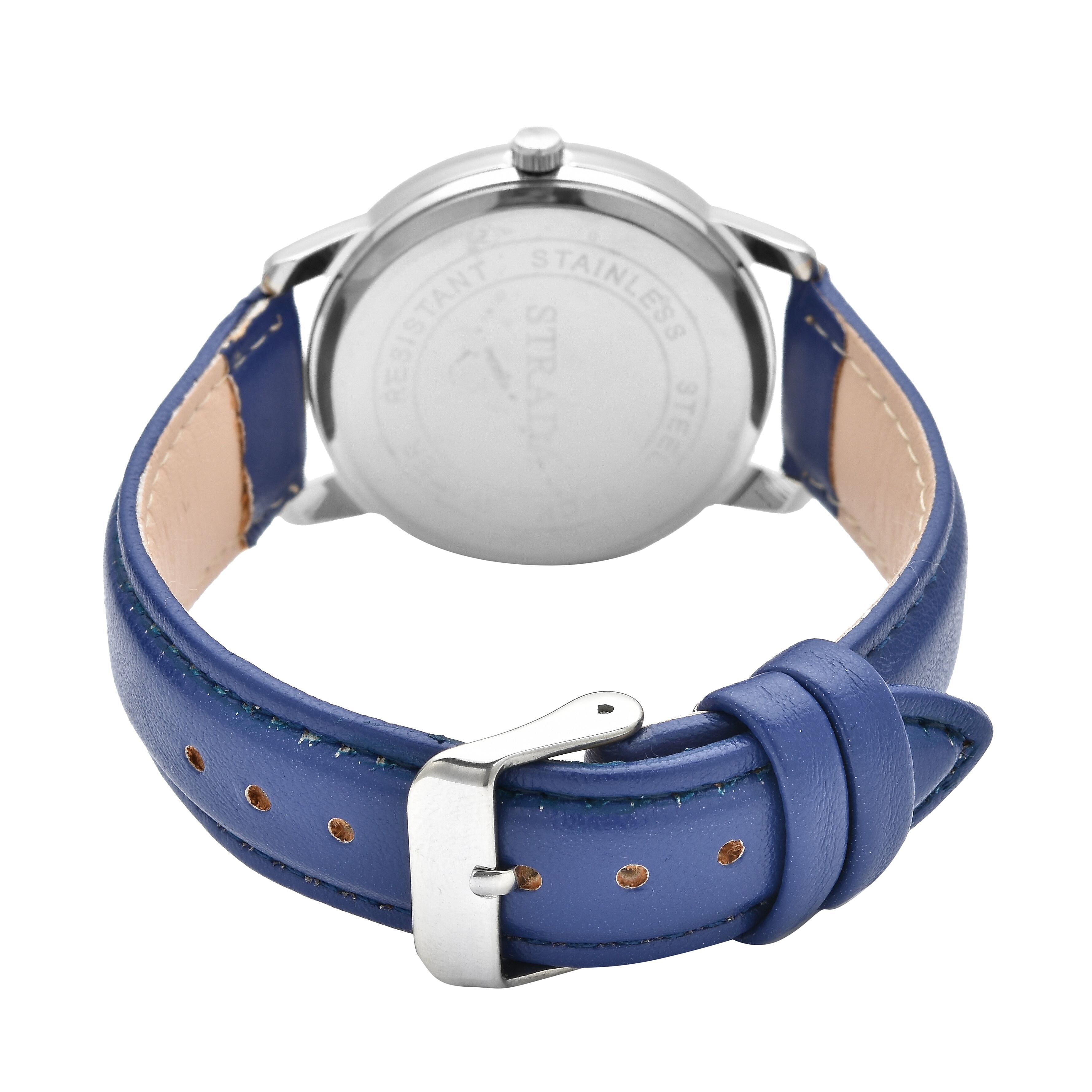 Strada Austrian Crystal Japanese Movement Watch with Blue Faux Leather Strap (25.40 mm) (5.50-7.25 Inches)