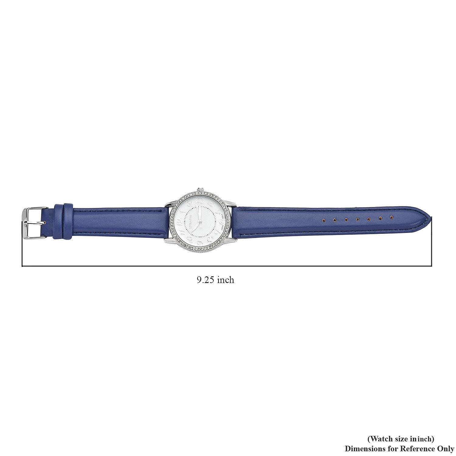 Strada Austrian Crystal Japanese Movement Watch with Blue Faux Leather Strap (25.40 mm) (5.50-7.25 Inches)