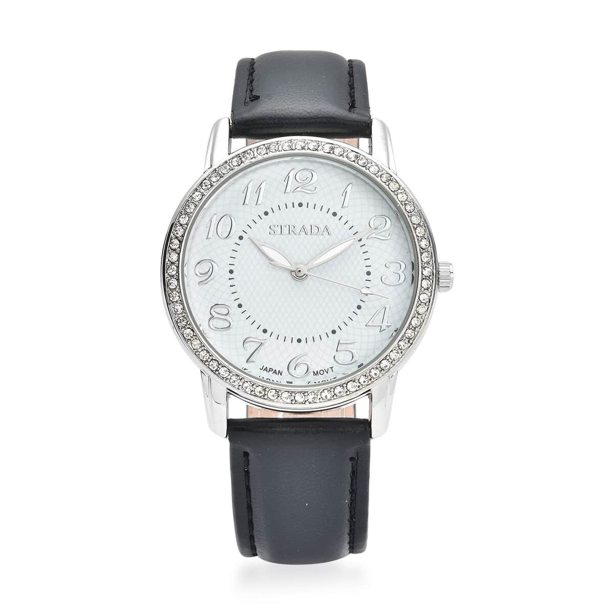 Strada Austrian Crystal Japanese Movement Watch with Black Faux Leather Strap (25.40 mm) (5.50-7.25 Inches) image number 0