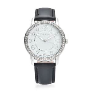 Strada Austrian Crystal Japanese Movement Watch with Black Faux Leather Strap (25.40 mm) (5.50-7.25 Inches)