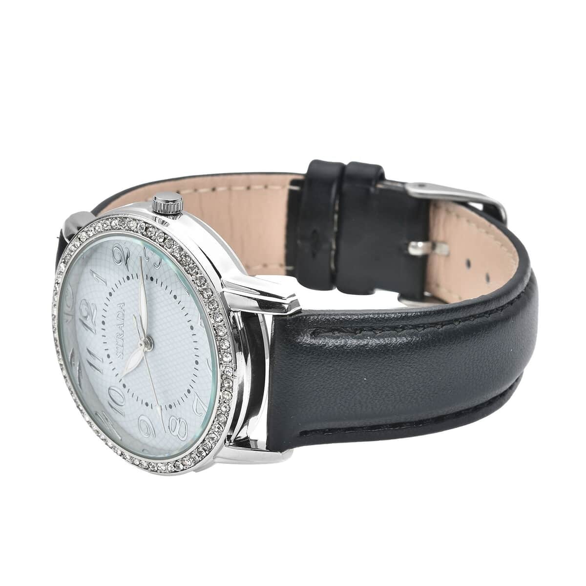 Strada Austrian Crystal Japanese Movement Watch with Black Faux Leather Strap (25.40 mm) (5.50-7.25 Inches) image number 4