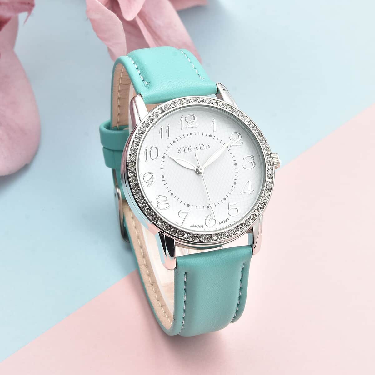 Strada Austrian Crystal Japanese Movement Watch with Teal Faux Leather Strap (25.40 mm) (5.50-7.25 Inches) image number 1