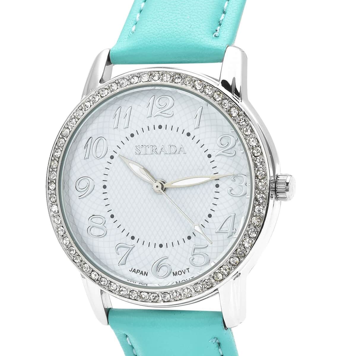 Strada Austrian Crystal Japanese Movement Watch with Teal Faux Leather Strap (25.40 mm) (5.50-7.25 Inches) image number 3