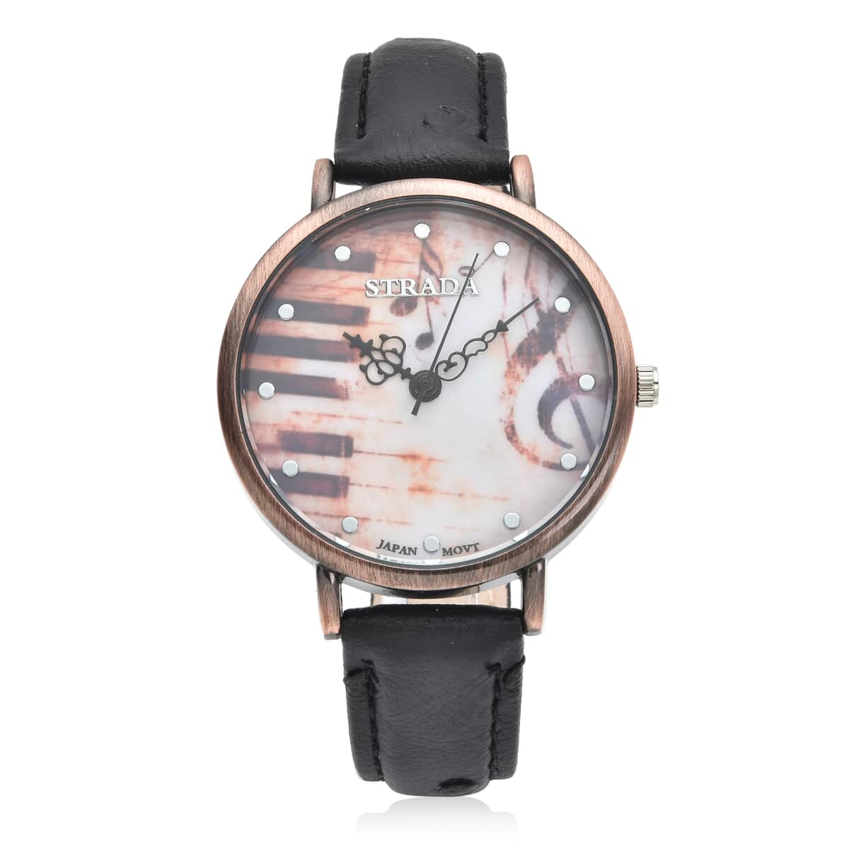 STRADA Japanese Movement Piano Pattern Dial Watch in Black Ostrich Embossed Faux Leather Strap image number 0