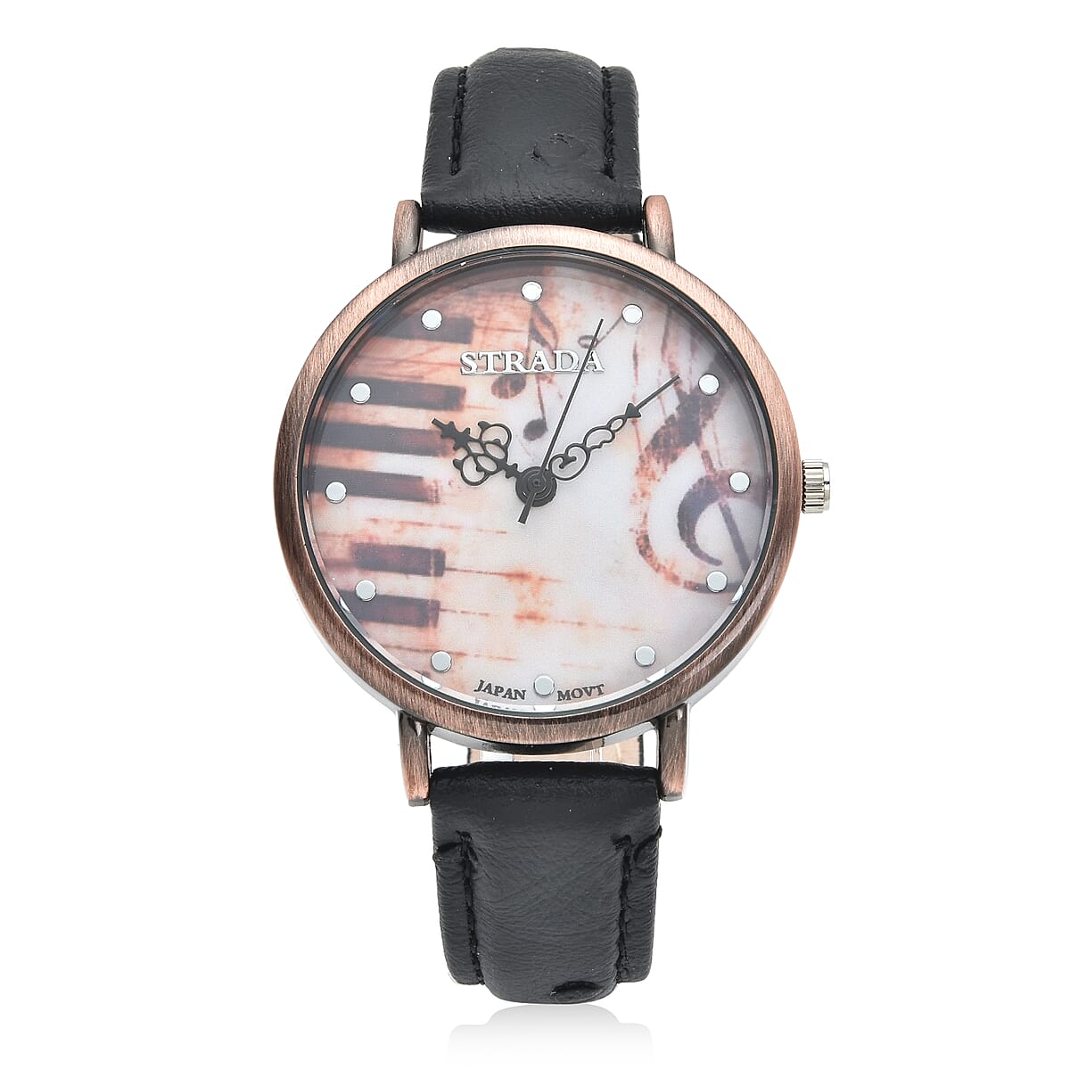 STRADA Japanese Movement Piano Pattern Dial Watch in Black Ostrich Embossed Faux Leather Strap image number 0