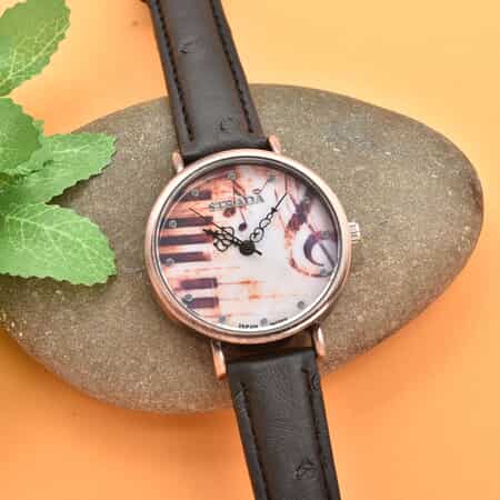 Strada Japanese Movement Piano Pattern Dial Watch in Black Ostrich Embossed Faux Leather Strap image number 1