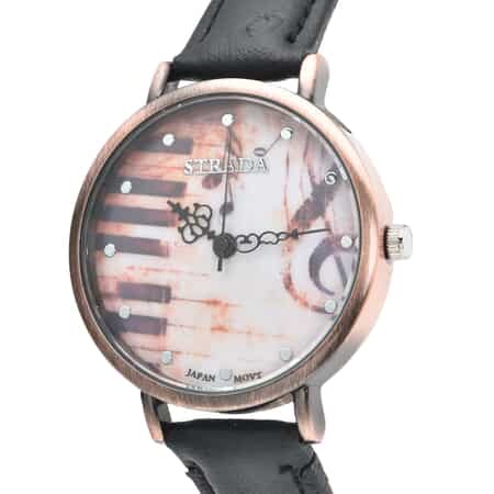 Strada Japanese Movement Piano Pattern Dial Watch in Black Ostrich Embossed Faux Leather Strap image number 3