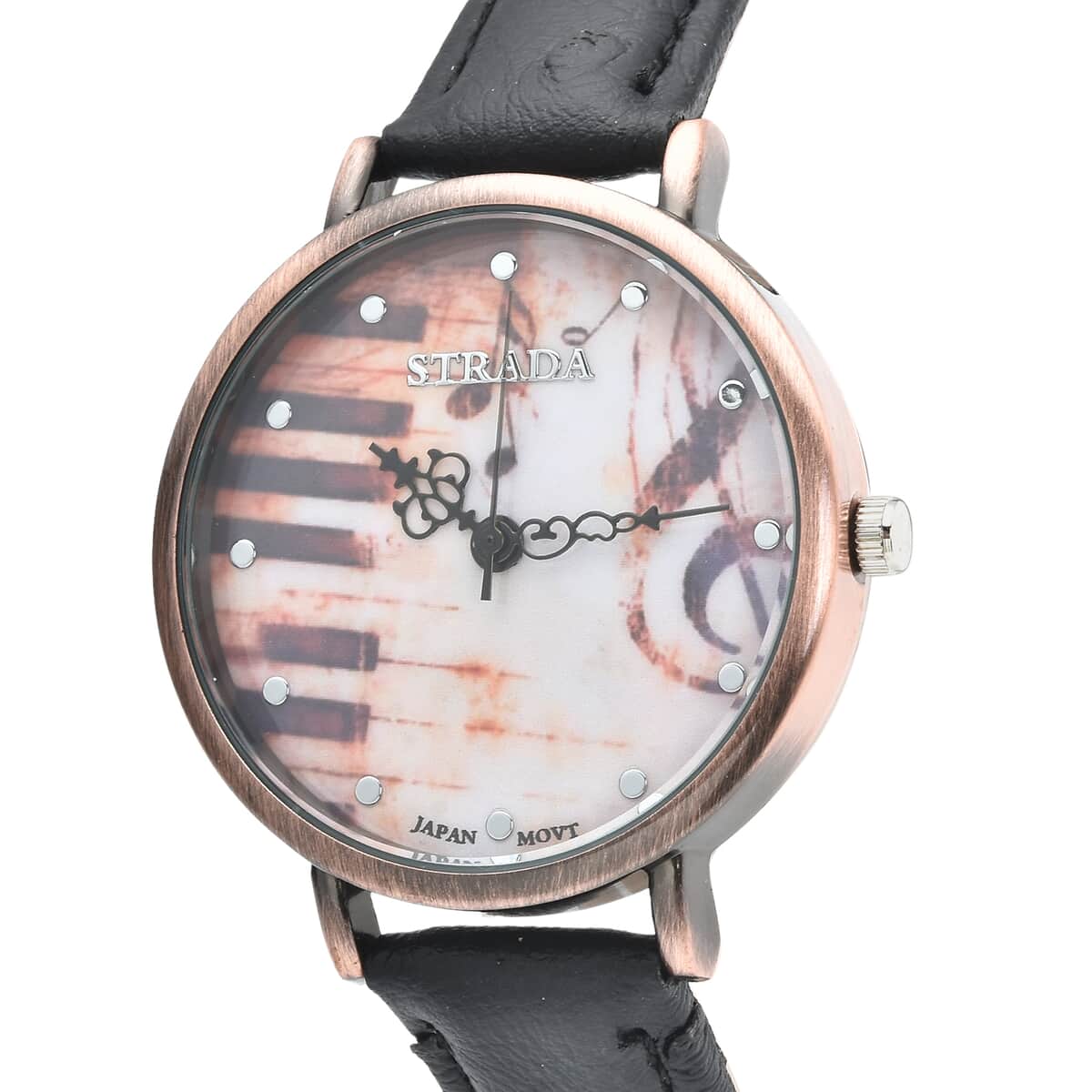 STRADA Japanese Movement Piano Pattern Dial Watch in Black Ostrich Embossed Faux Leather Strap image number 3