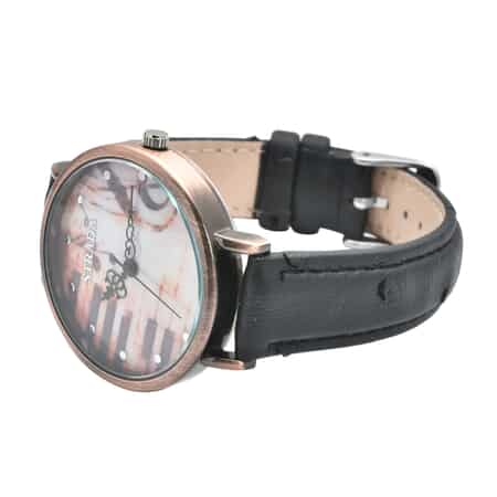 Strada Japanese Movement Piano Pattern Dial Watch in Black Ostrich Embossed Faux Leather Strap image number 4