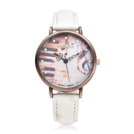 Strada Japanese Movement Piano Pattern Dial Watch in White Ostrich Embossed Faux Leather Strap image number 0