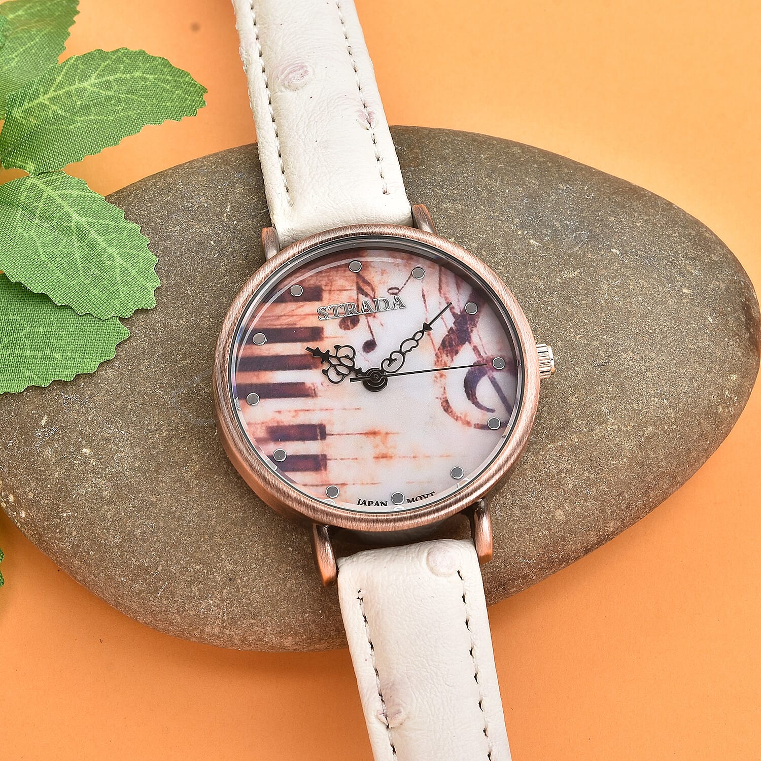 Strada Japanese Movement Piano Pattern Dial Watch in White Ostrich Embossed Faux Leather Strap
