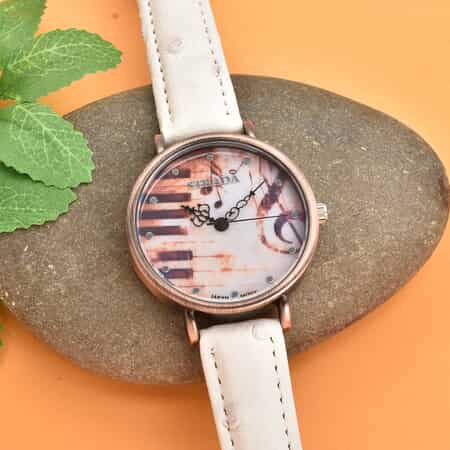 Strada Japanese Movement Piano Pattern Dial Watch in White Ostrich Embossed Faux Leather Strap image number 1
