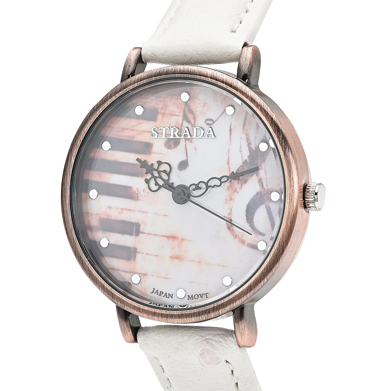 Strada Japanese Movement Piano Pattern Dial Watch in White Ostrich Embossed Faux Leather Strap