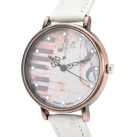 Strada Japanese Movement Piano Pattern Dial Watch in White Ostrich Embossed Faux Leather Strap image number 3