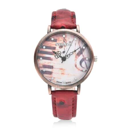 Strada Japanese Movement Piano Pattern Dial Watch in Red Ostrich Embossed Faux Leather Strap image number 0