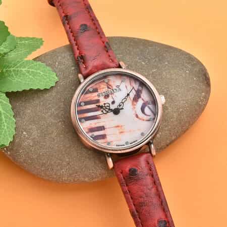 Strada Japanese Movement Piano Pattern Dial Watch in Red Ostrich Embossed Faux Leather Strap image number 1