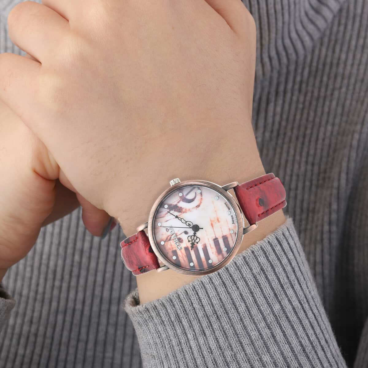 Strada Japanese Movement Piano Pattern Dial Watch in Red Ostrich Embossed Faux Leather Strap image number 2