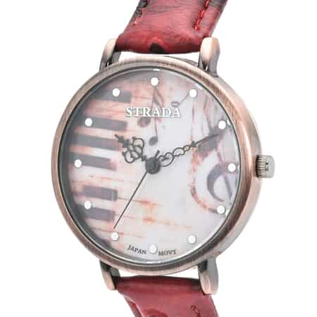 Strada Japanese Movement Piano Pattern Dial Watch in Red Ostrich Embossed Faux Leather Strap image number 3