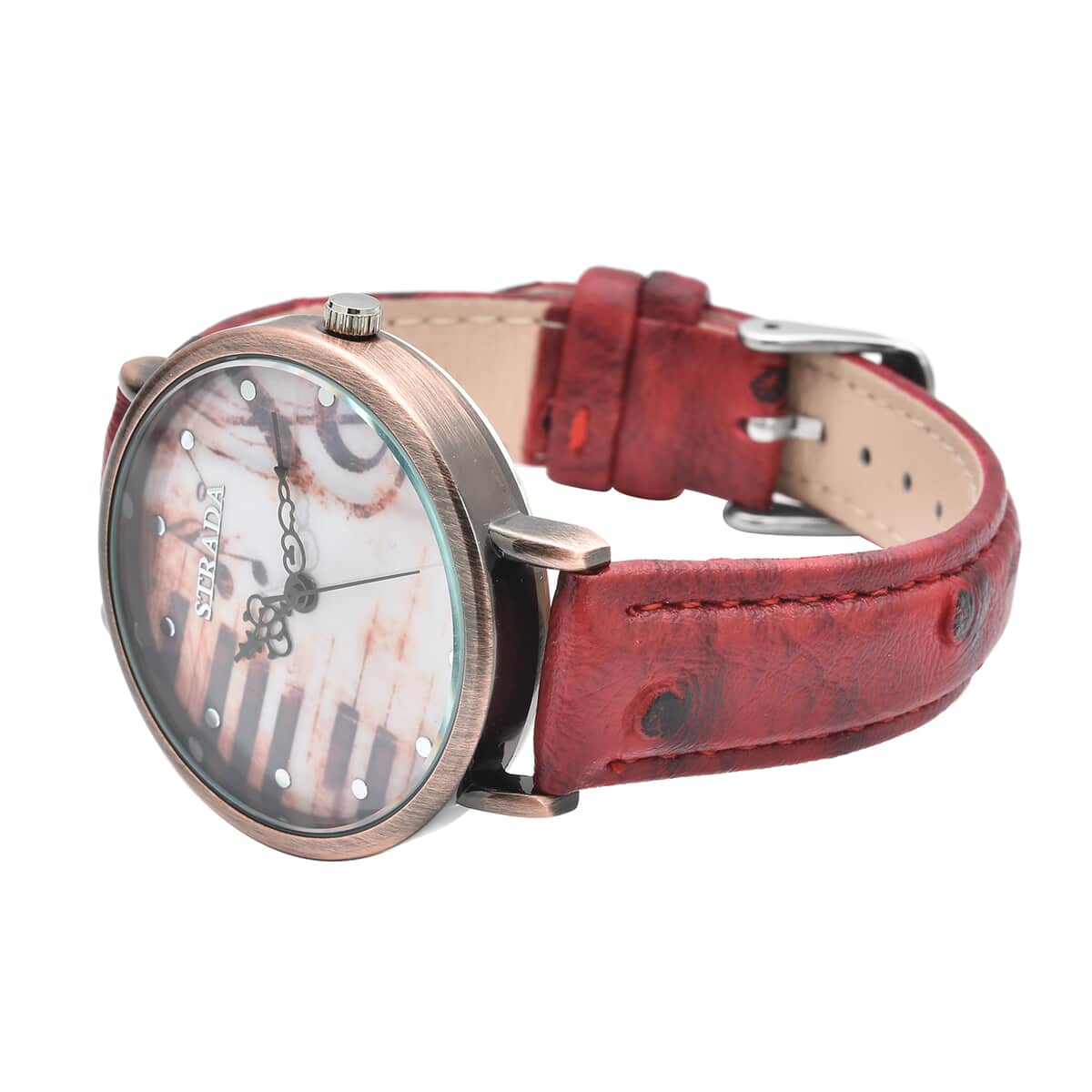 Strada Japanese Movement Piano Pattern Dial Watch in Red Ostrich Embossed Faux Leather Strap image number 4