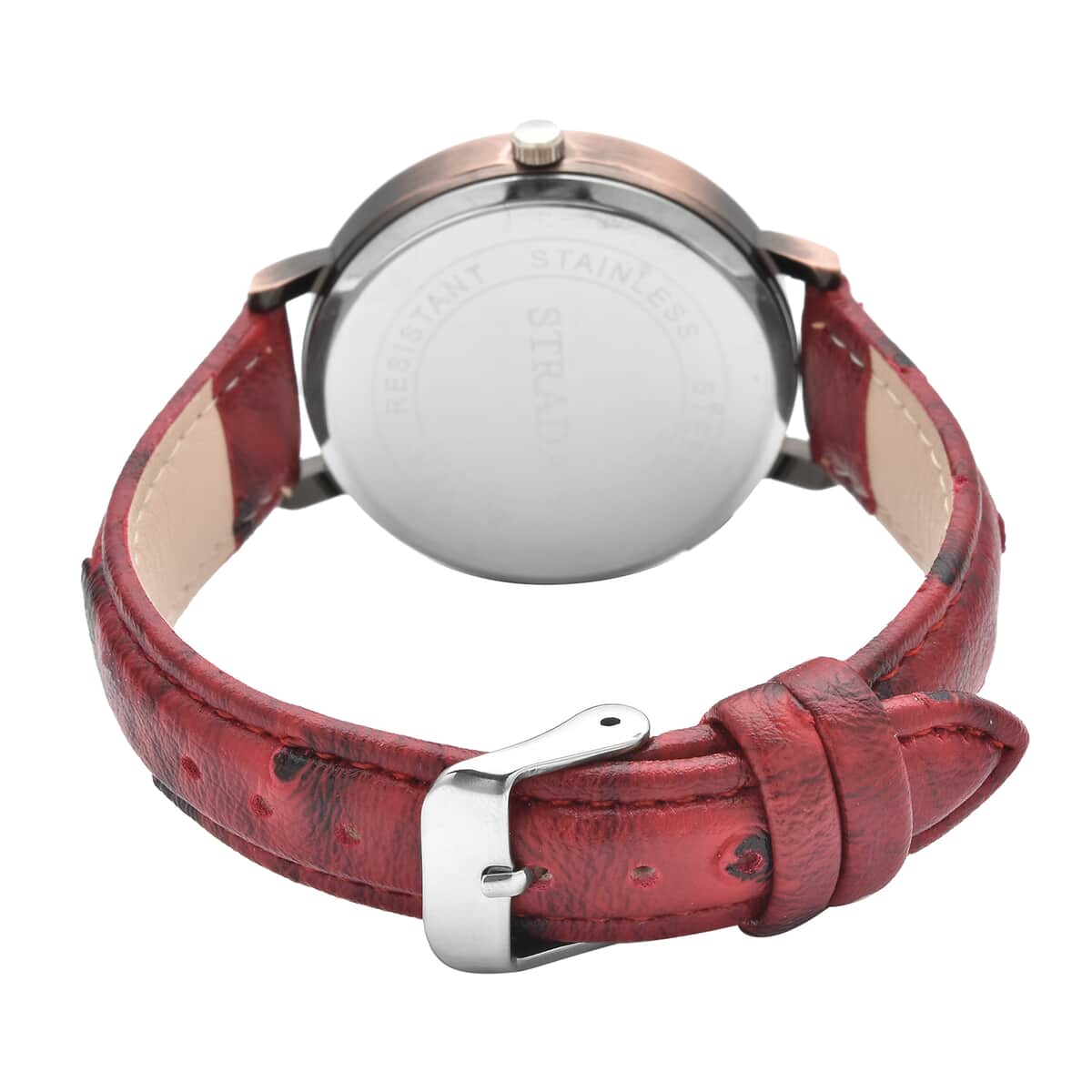 Strada Japanese Movement Piano Pattern Dial Watch in Red Ostrich Embossed Faux Leather Strap image number 5