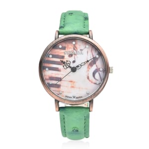 Strada Japanese Movement Piano Pattern Dial Watch in Green Ostrich Embossed Faux Leather Strap