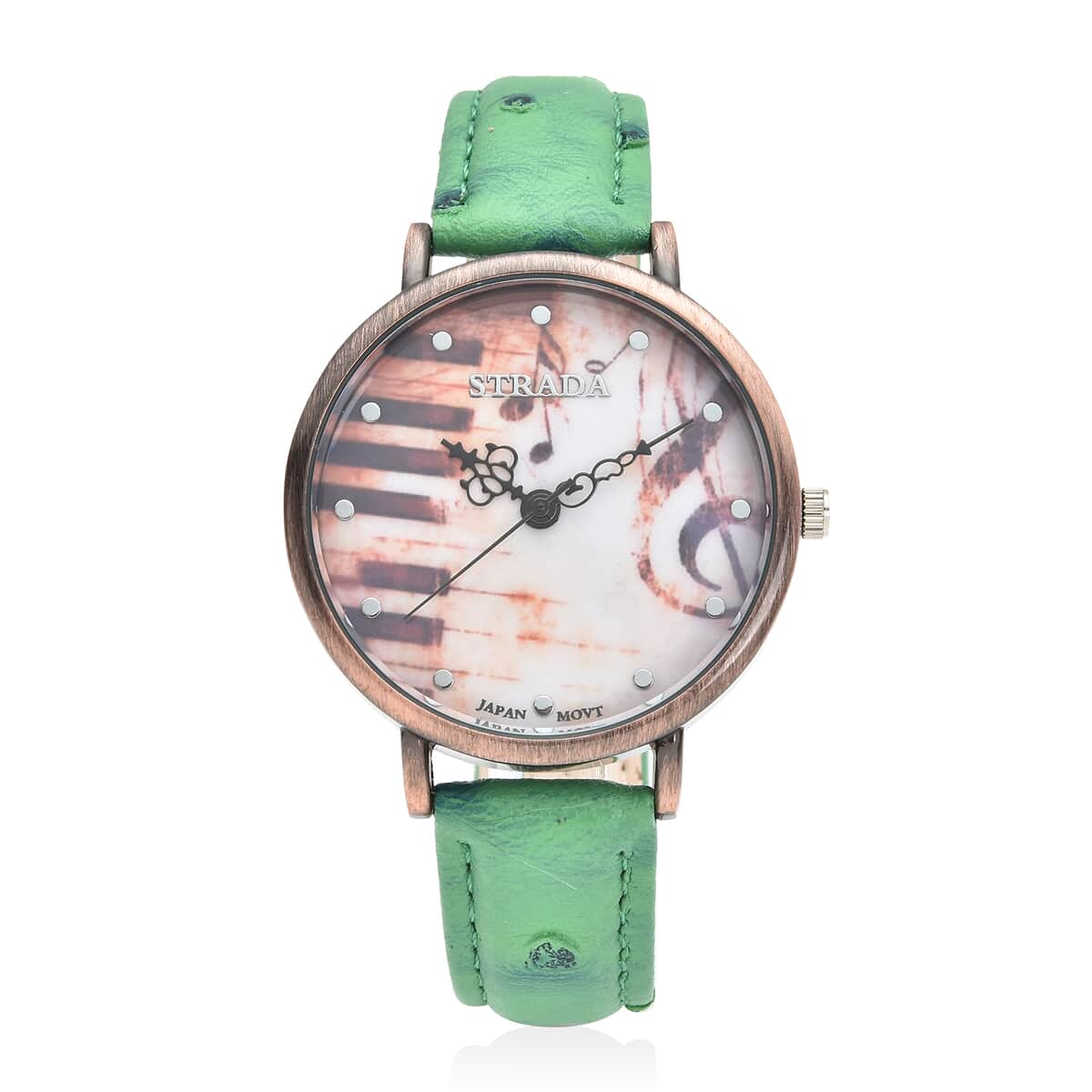 Strada Japanese Movement Piano Pattern Dial Watch in Green Ostrich Embossed Faux Leather Strap image number 0