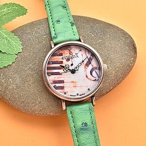 Strada Japanese Movement Piano Pattern Dial Watch in Green Ostrich Embossed Faux Leather Strap