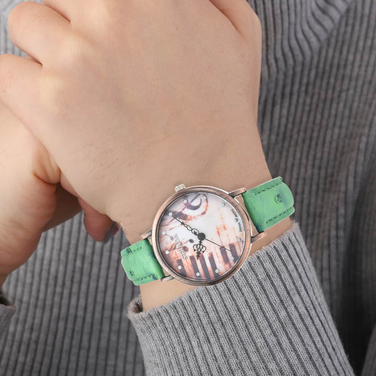 Strada Japanese Movement Piano Pattern Dial Watch in Green Ostrich Embossed Faux Leather Strap image number 2