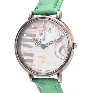 Strada Japanese Movement Piano Pattern Dial Watch in Green Ostrich Embossed Faux Leather Strap