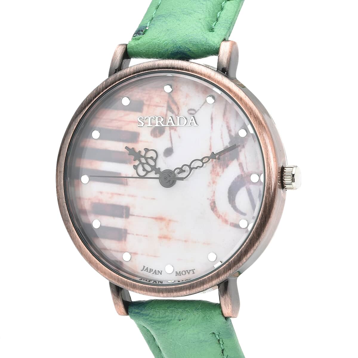 Strada Japanese Movement Piano Pattern Dial Watch in Green Ostrich Embossed Faux Leather Strap image number 3