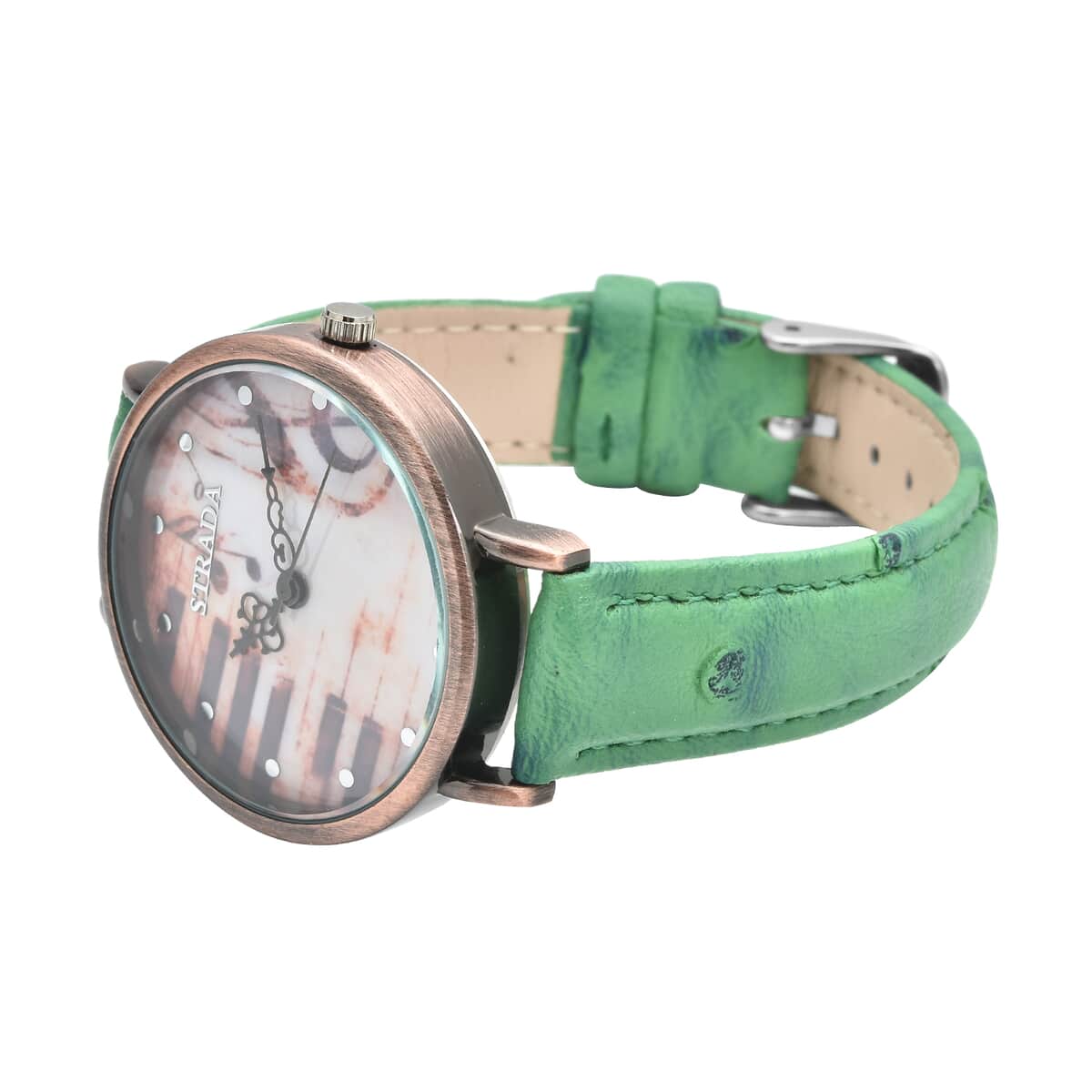 Strada Japanese Movement Piano Pattern Dial Watch in Green Ostrich Embossed Faux Leather Strap image number 4