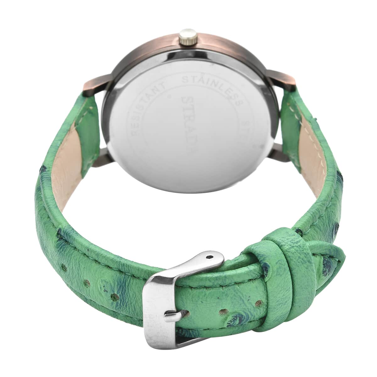 Strada Japanese Movement Piano Pattern Dial Watch in Green Ostrich Embossed Faux Leather Strap image number 5