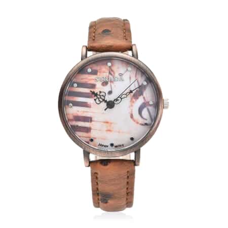 Strada Japanese Movement Piano Pattern Dial Watch in Brown Ostrich Embossed Faux Leather Strap image number 0