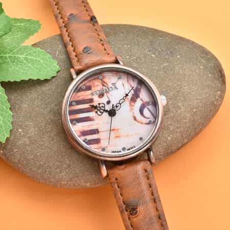 Strada Japanese Movement Piano Pattern Dial Watch in Brown Ostrich Embossed Faux Leather Strap image number 1