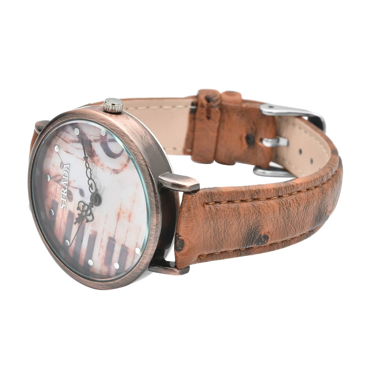 Strada Japanese Movement Piano Pattern Dial Watch in Brown Ostrich Embossed Faux Leather Strap image number 4