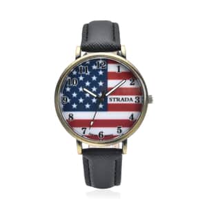 STRADA Japanese Movement US National Flag Pattern Watch with Black Faux Leather Strap