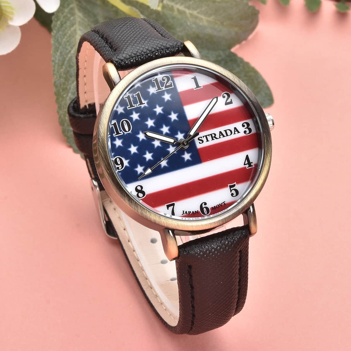 STRADA Japanese Movement US National Flag Pattern Watch with Black Faux Leather Strap image number 1