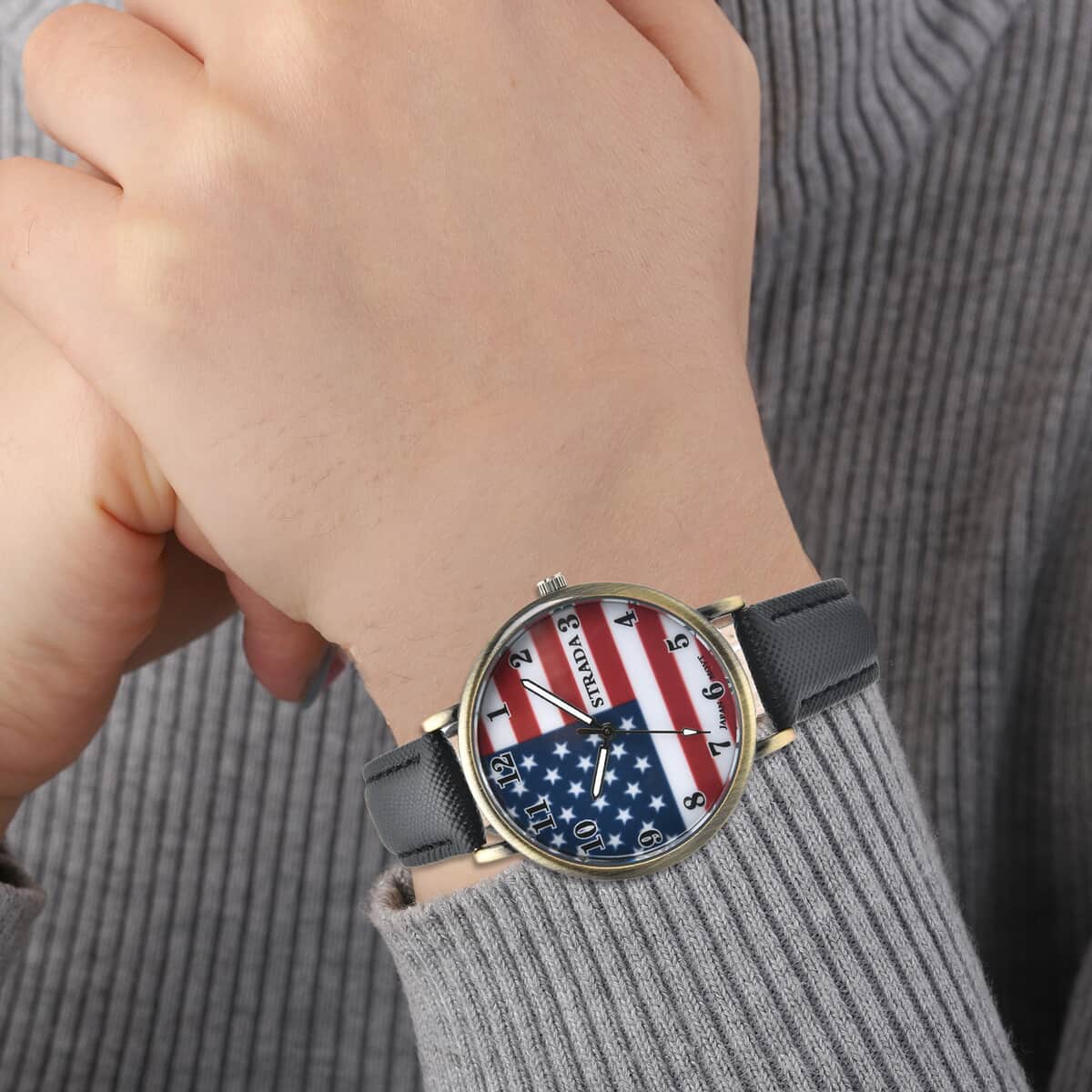 STRADA Japanese Movement US National Flag Pattern Watch with Black Faux Leather Strap image number 2