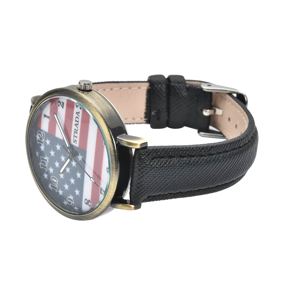 STRADA Japanese Movement US National Flag Pattern Watch with Black Faux Leather Strap image number 3