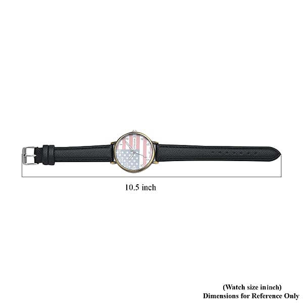 Strada Japanese Movement US National Flag Pattern Watch with Black Faux Leather Strap