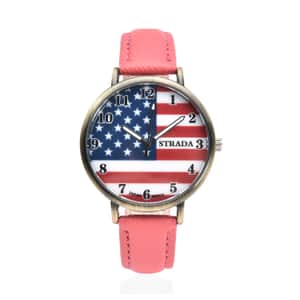 Strada Japanese Movement US National Flag Pattern Watch with Pink Faux Leather Strap