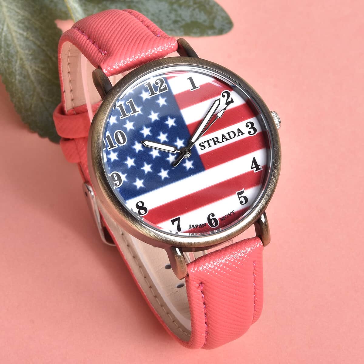 Strada Japanese Movement US National Flag Pattern Watch with Pink Faux Leather Strap image number 1