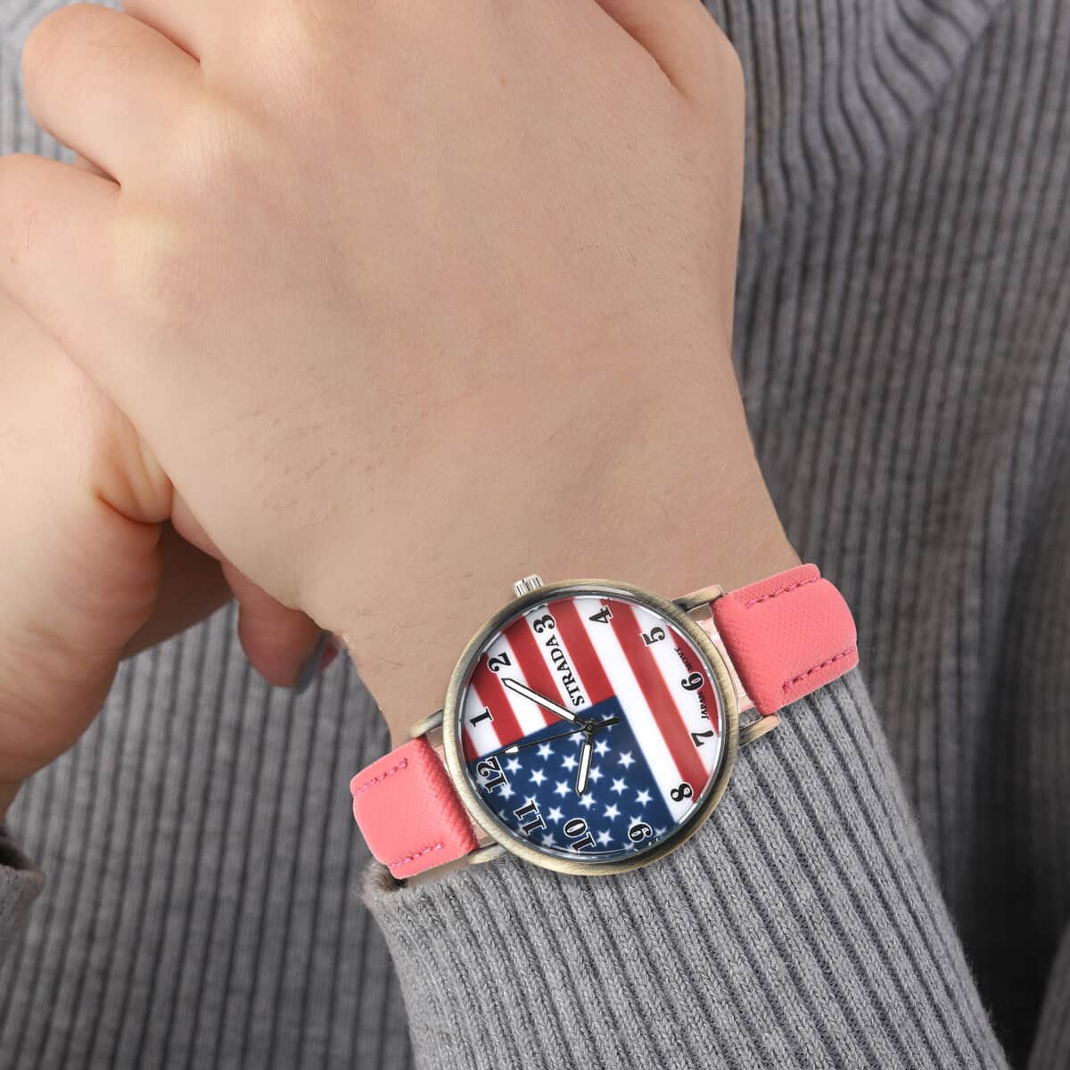 Strada Japanese Movement US National Flag Pattern Watch with Pink Faux Leather Strap image number 2