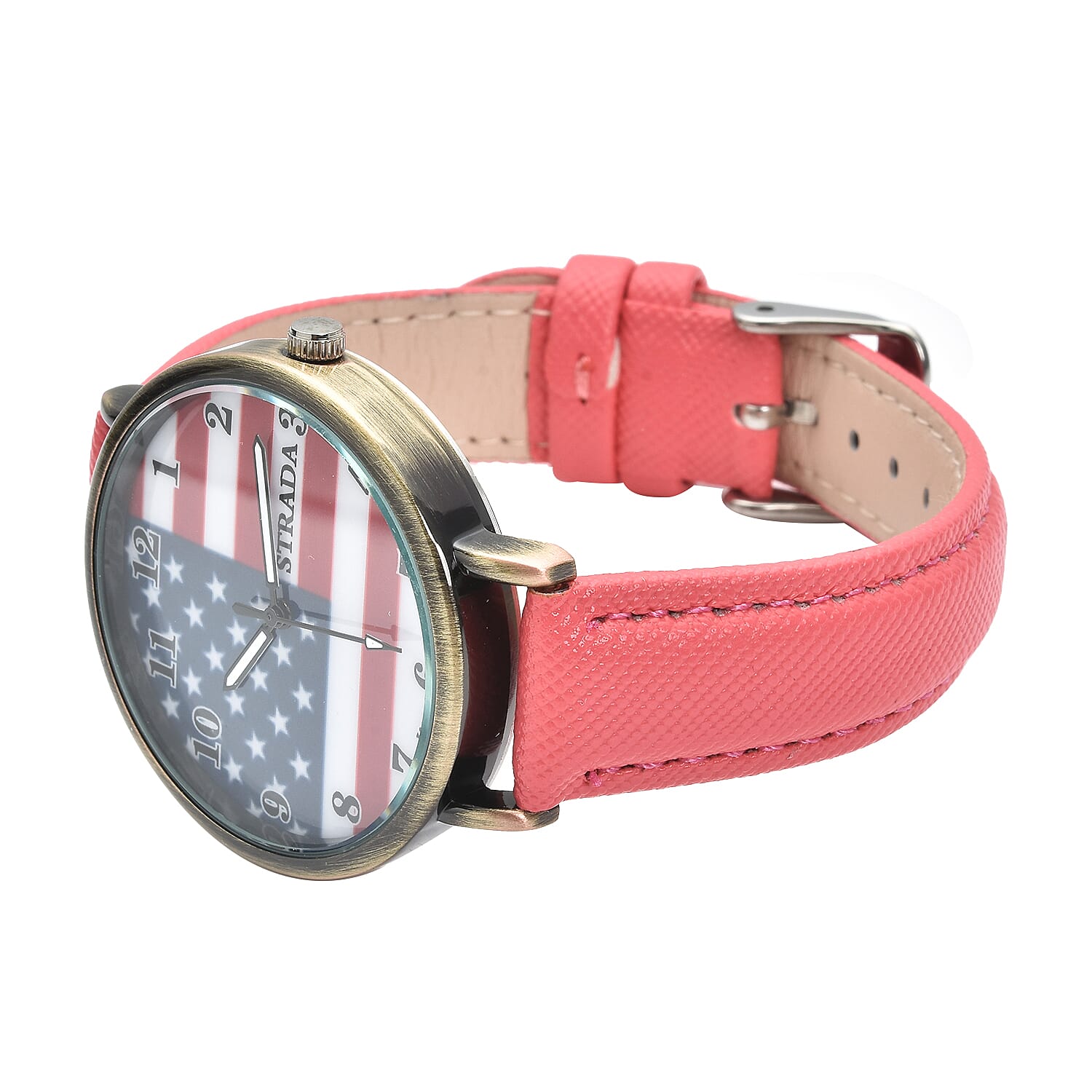 Strada Japanese Movement US National Flag Pattern Watch with Pink Faux Leather Strap