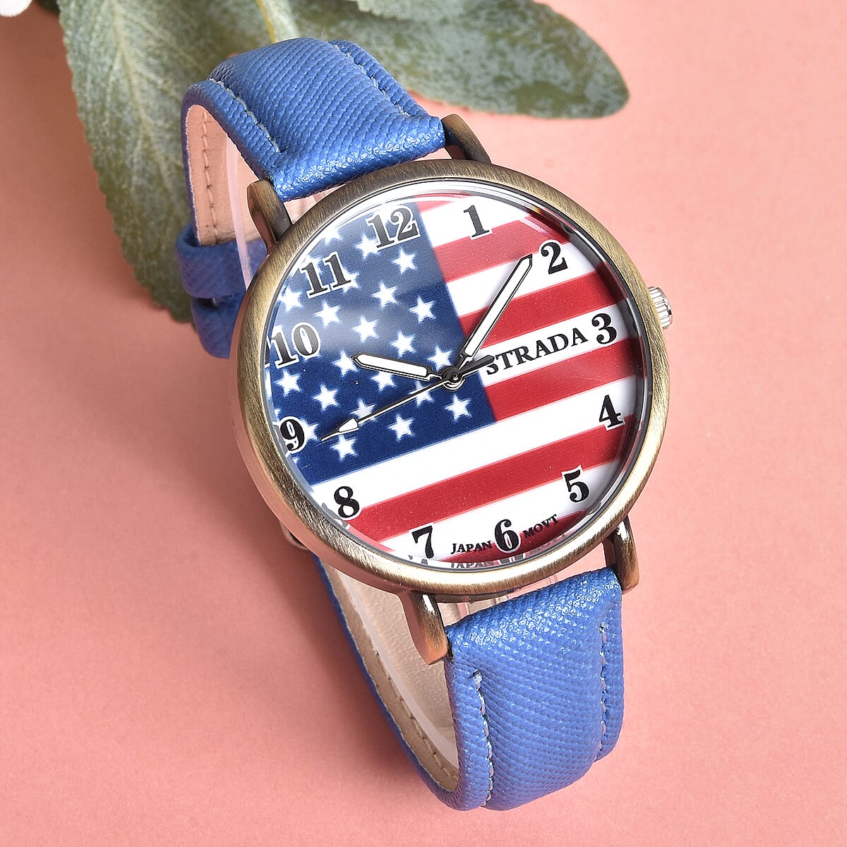 Strada Japanese Movement US National Flag Pattern Watch with Blue Faux Leather Strap image number 1