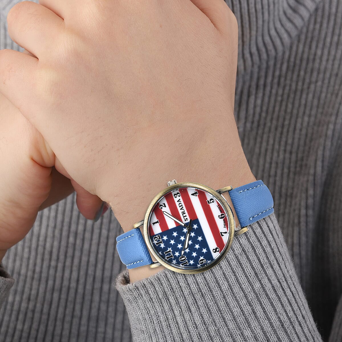 Strada Japanese Movement US National Flag Pattern Watch with Blue Faux Leather Strap image number 2