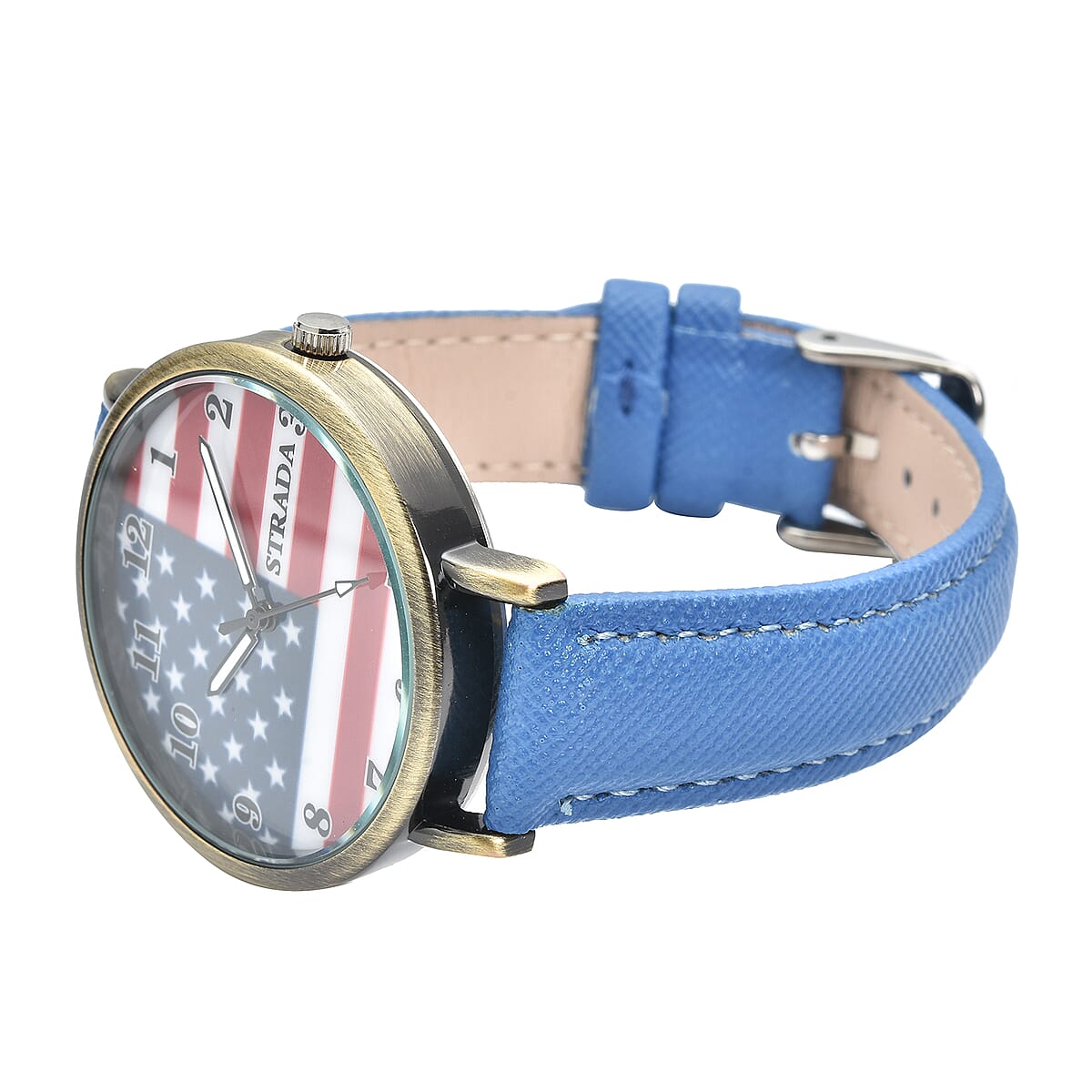 Strada Japanese Movement US National Flag Pattern Watch with Blue Faux Leather Strap image number 3