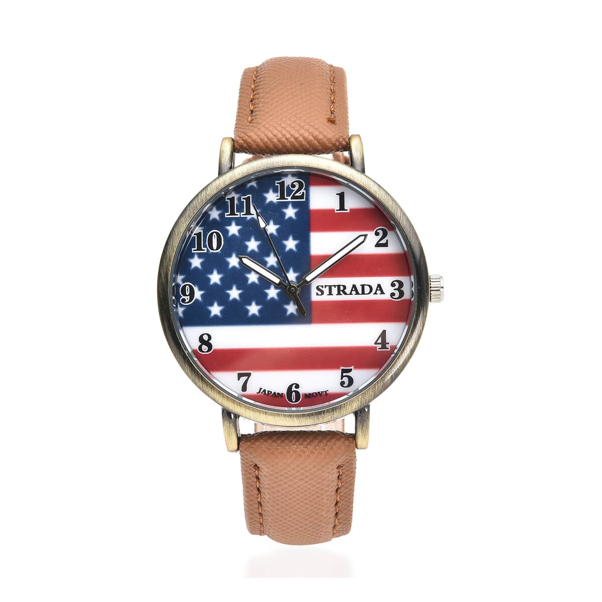 Strada Japanese Movement US National Flag Pattern Watch with Brown Faux Leather Strap image number 0