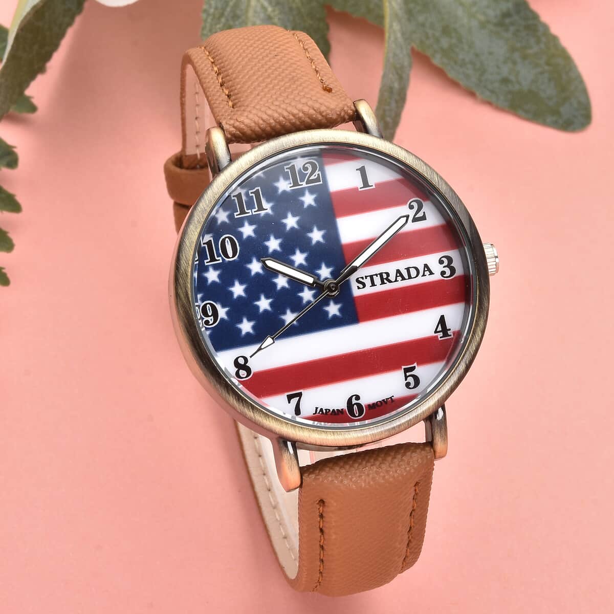 Strada Japanese Movement US National Flag Pattern Watch with Brown Faux Leather Strap image number 1