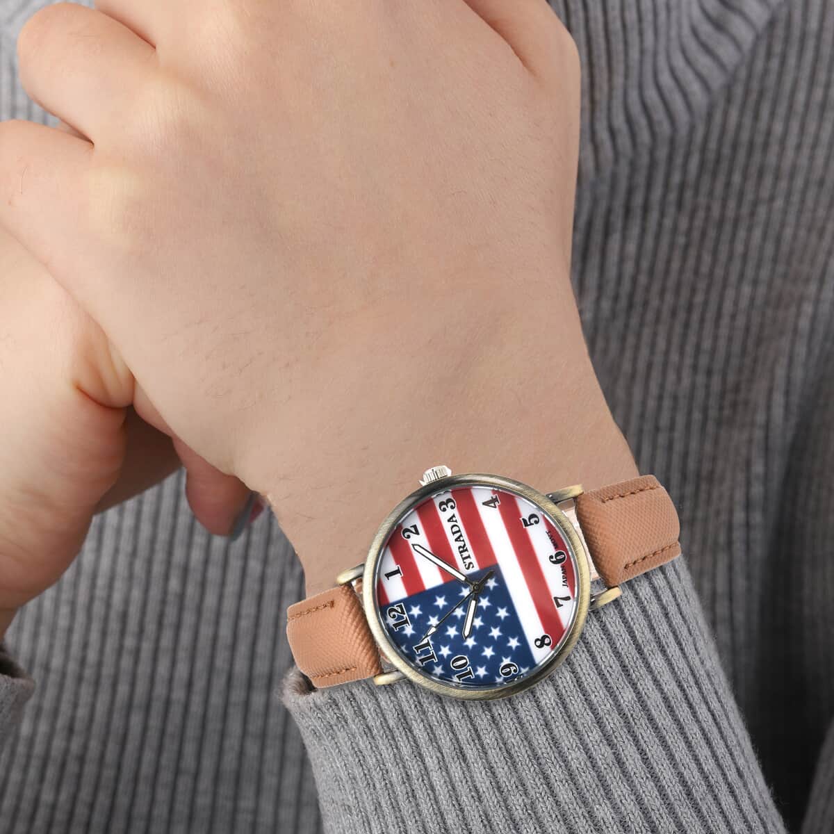 Strada Japanese Movement US National Flag Pattern Watch with Brown Faux Leather Strap image number 2